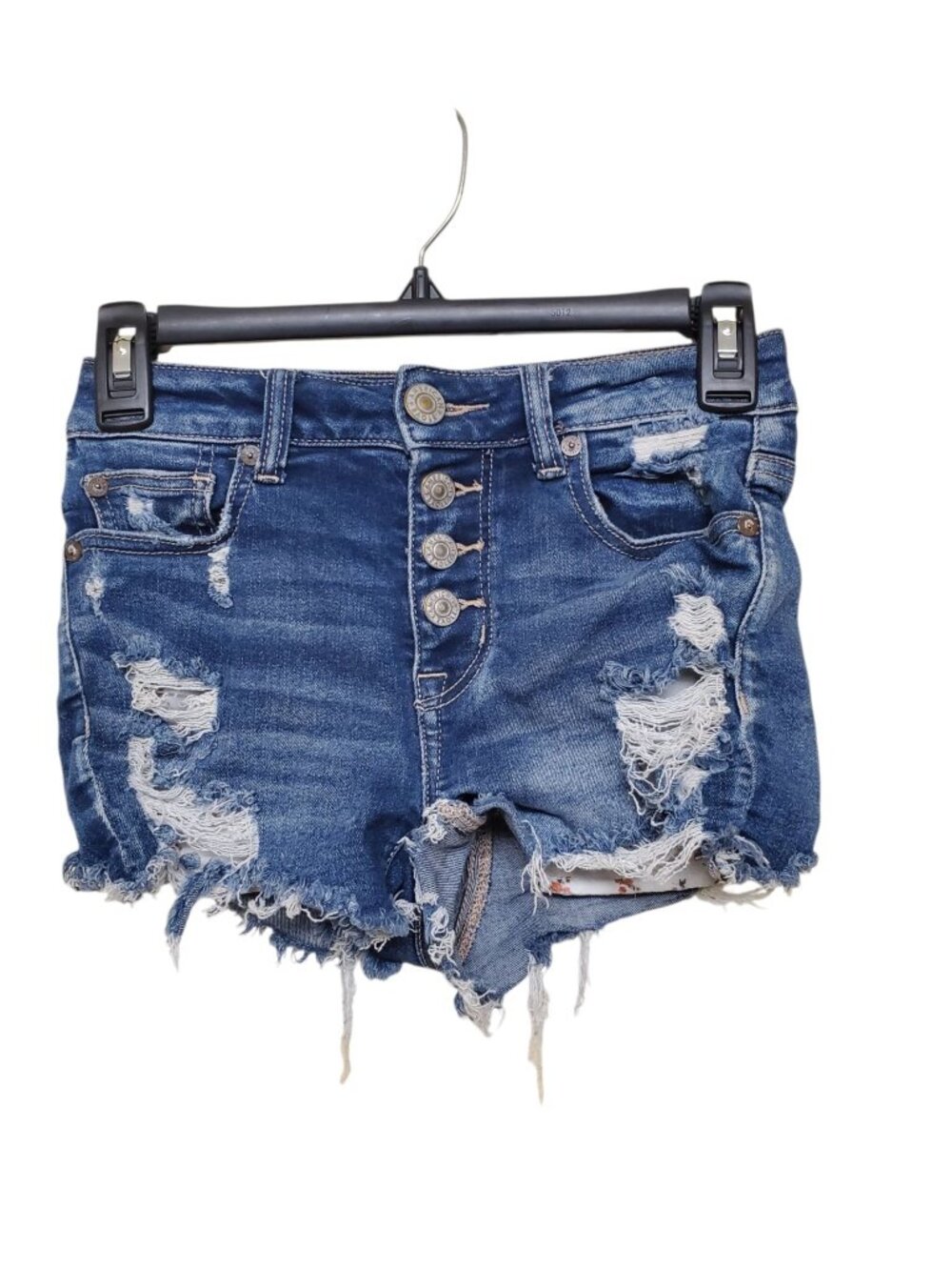 American Eagle Hi-Rise Shortie Super Distressed Button Fly Stretch Denim Size 0